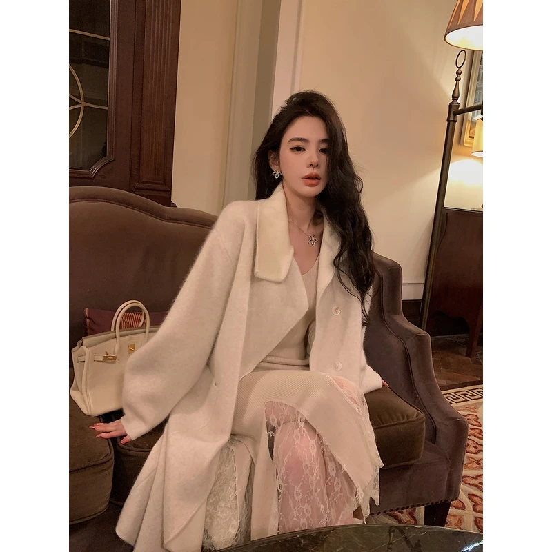 清【邱肉瑶清】「抽象笔触」冬季纯色风衣中长款宽松双面针织加厚外套