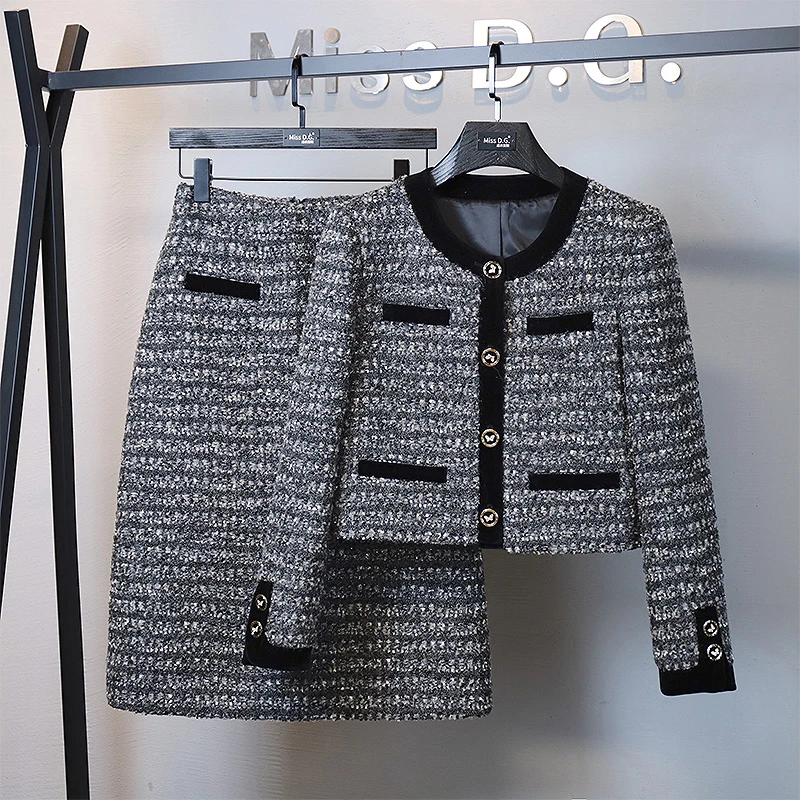 MissD.G.2025年秋季圆领撞色小香风时尚粗花呢短外套半身裙PP-Z18