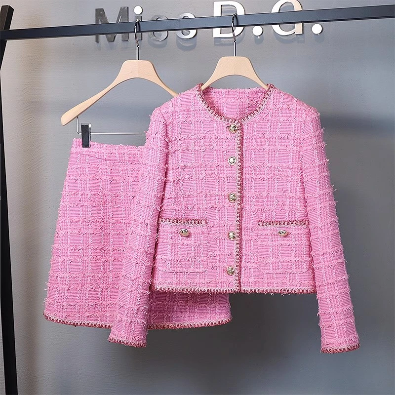 高端气质名媛小香风粉色时尚套装2024秋短外套半裙两件套X-F204