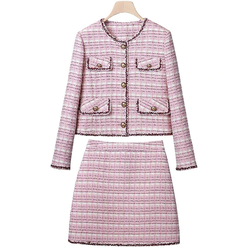 秋季高级感气质名媛小香风气质粉色外套两件套X-F206