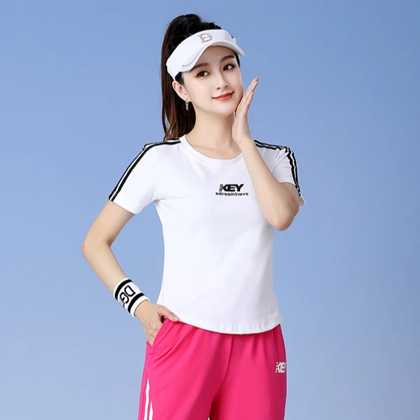 夏季新款广场舞服装运动短袖上衣女圆领棉t恤休闲显瘦健身跳操服