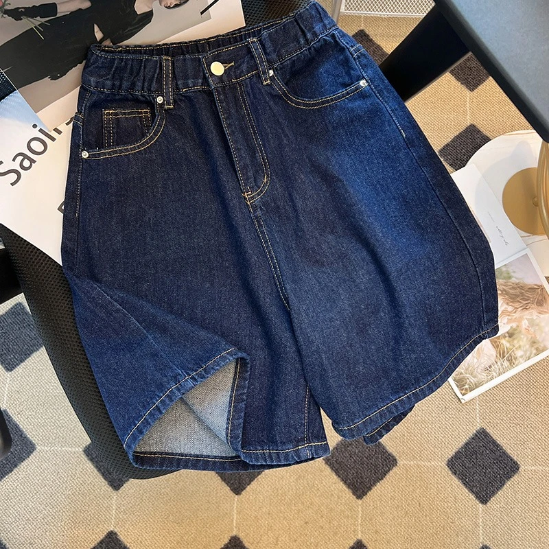2025大码高腰深蓝色牛仔短裤子女夏季薄款胖妹妹mm显瘦中裤五分裤