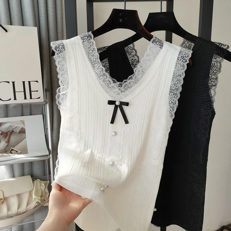 蕾丝拼接背心女打底外穿冰丝针织女装春夏季v领吊带内搭显瘦洋气