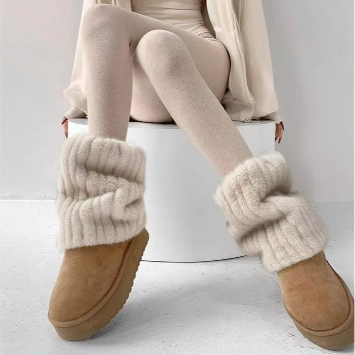 秋冬季雪地靴高筒加厚仿兔绒皮草y2k暖色毛绒腿套ins潮
