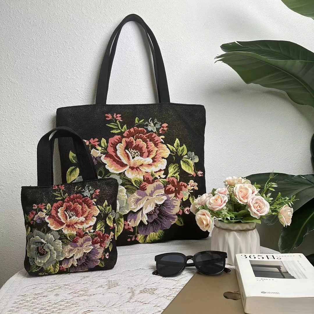 黑色、米色大小组合刺绣帆布时尚百搭优雅休闲单肩包【守绣家专属】