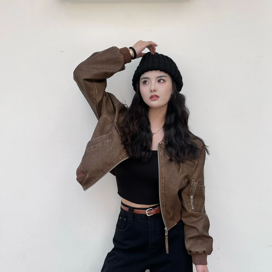 【怀旧百分百】主播自留款 美式重工做旧拉链短款皮衣咖色夹克