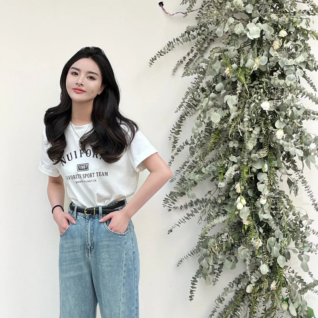 LALA【赴夏之约】印花字母黑白t恤休闲宽松圆领打底薄款显瘦短袖