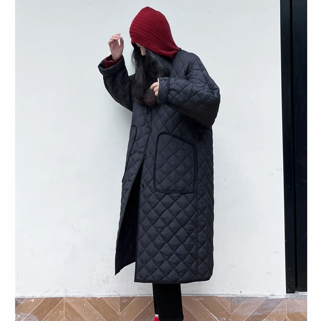 【摩登教主】冬季时尚百搭宽松菱形长款加厚保暖过膝棉服