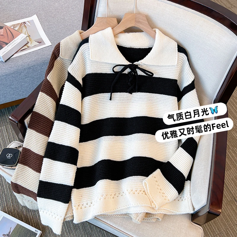 春季新款减龄胖mm娃娃领蝴蝶结系带条纹内搭针织宽松毛衣长袖气质