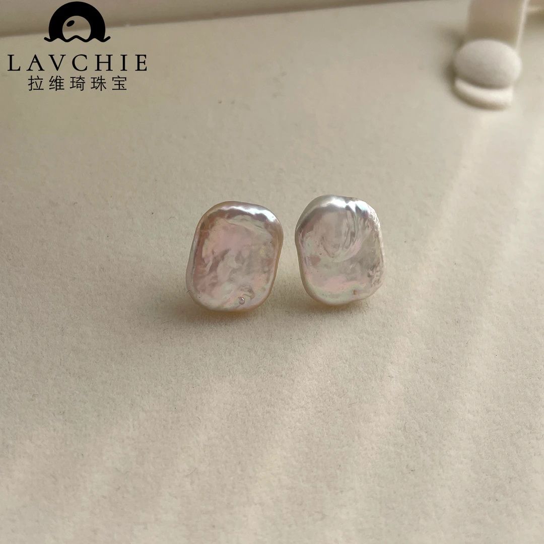 淡水极光炫彩巴洛克异形微方耳钉通体S925银
