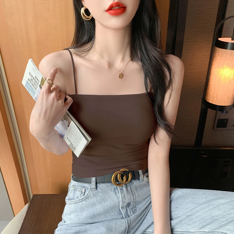 咖啡色小众吊带背心女2025新款外穿美背夏季胸垫抹胸打底内搭上衣