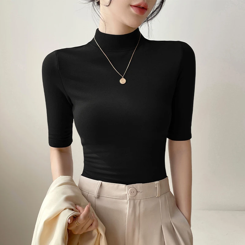 黑色半高领打底衫女中袖2025春夏新款修身显瘦五分袖t恤百搭上衣