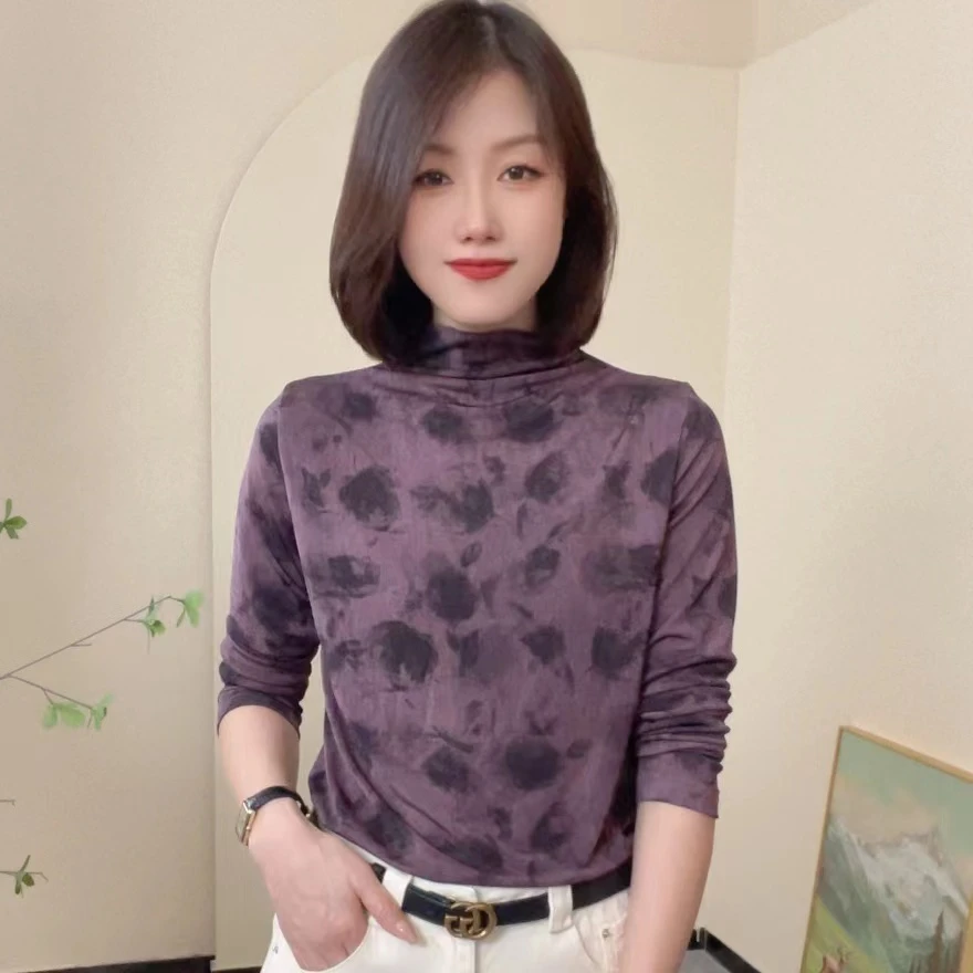 6642新款时尚印花设计感半高领显瘦T恤百搭气质女士长袖洋气小衫