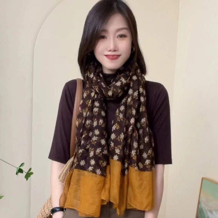 新款时尚印花气质双色拼接棉麻围巾女长款百搭丝巾文艺围脖披肩