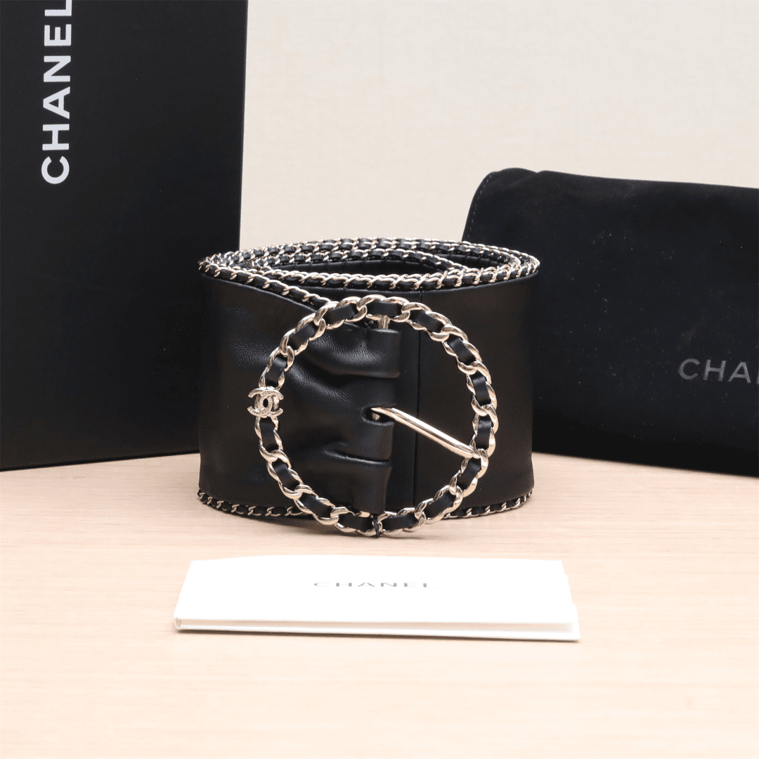 99新 Chanel/香奈儿 【小北】19黑金皮穿链圆环宽腰带 P224827645