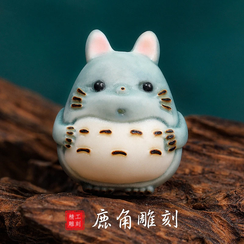 鹿角根付龙猫 雕刻手工彩绘DIY单珠手串项链挂坠吊坠文玩隔珠配饰