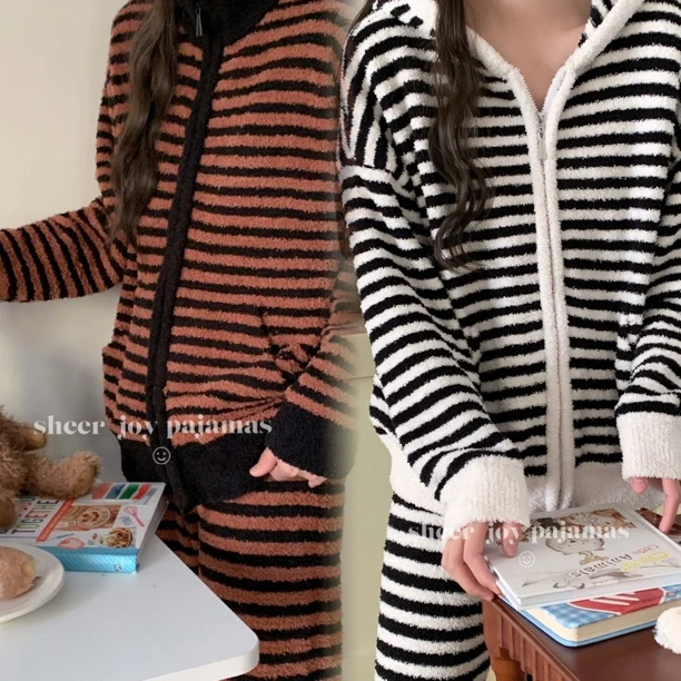 黑咖黑白条纹半边绒立领家居服慵懒风秋冬女士套装