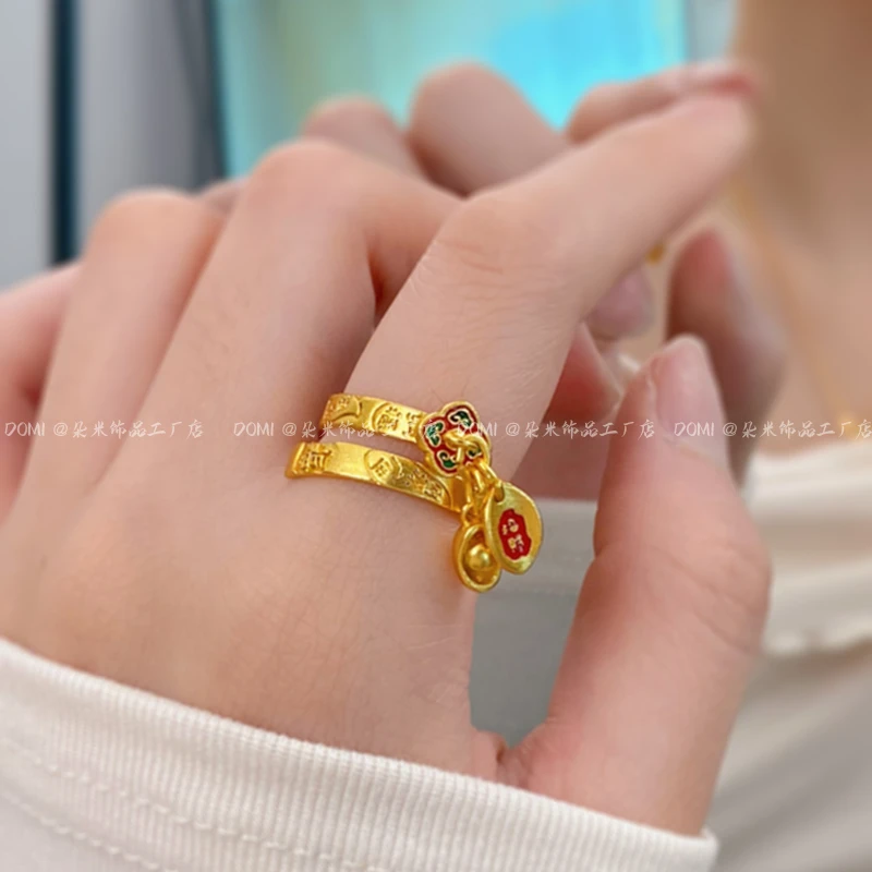 J088「招财进宝」吉言可调节戒指  复古烧蓝小众