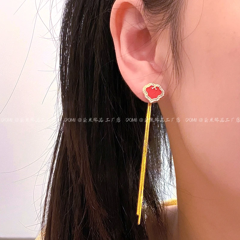 ES5083 石榴红镶钻如意流苏耳线 双戴设计感长款耳钉