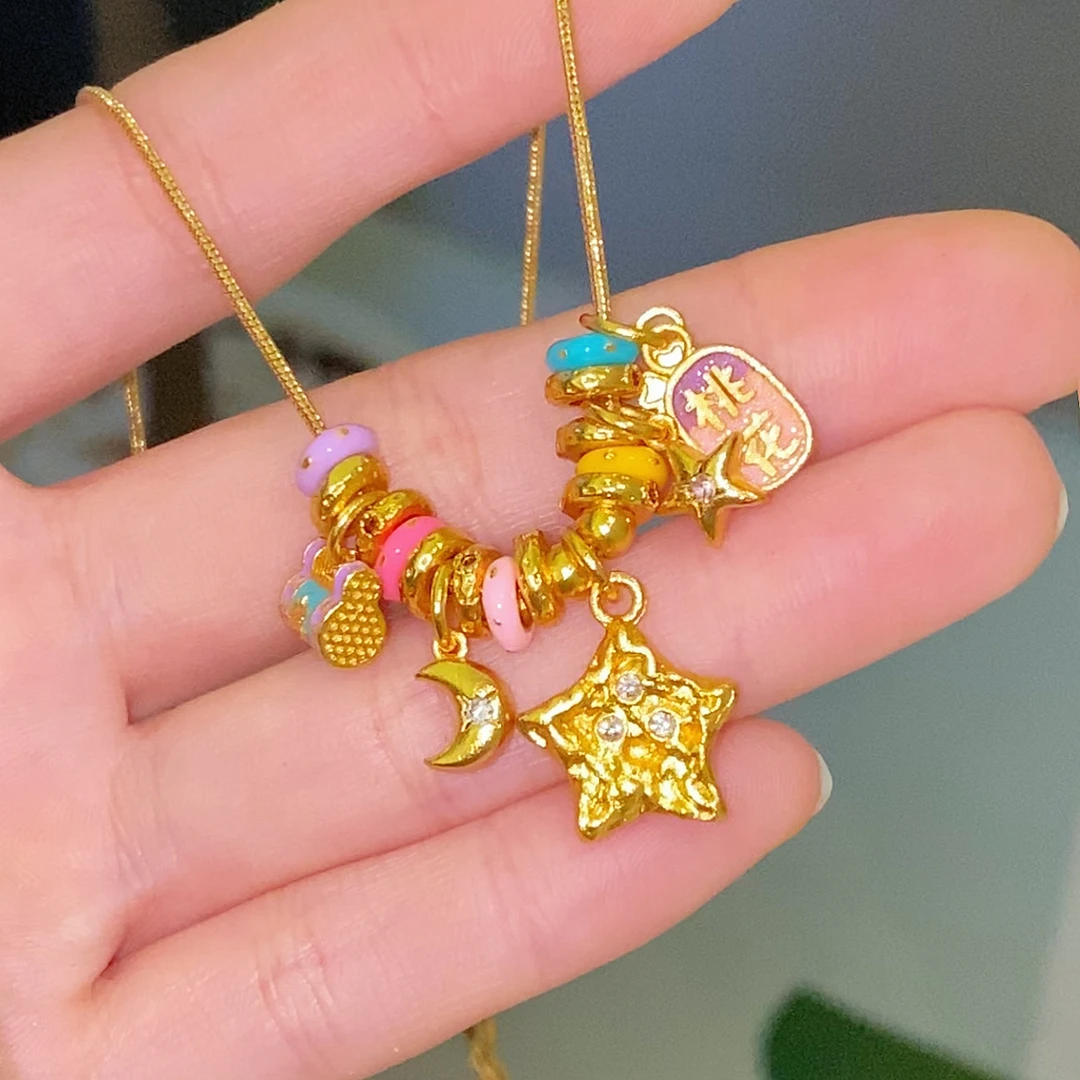 XL3588 多巴胺盘缠五角星包包星星月亮跑环项链锁骨链