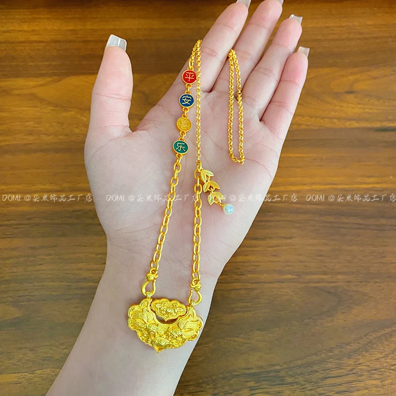 XL3214 平安喜乐麦穗锦鲤锁包项链复古轻奢气质毛衣链