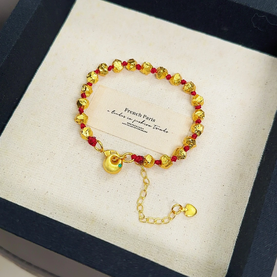 SL2435 不规则碎金红绳手链 小坨包滴溜设计感女手串