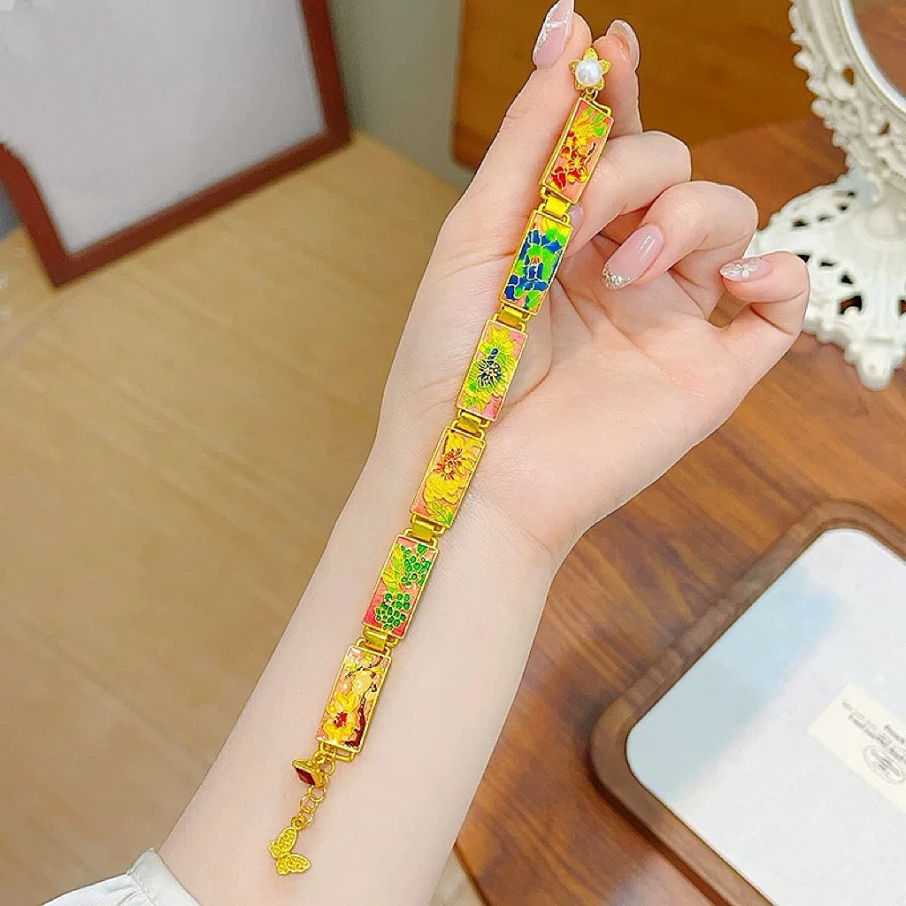 SL2464 烧蓝十二月生辰花方牌手链新中式腕带女款国风