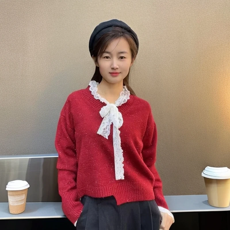 韩系圆领宽松保暖加厚毛衣蕾丝时尚套头气质网红百搭红色娃娃领