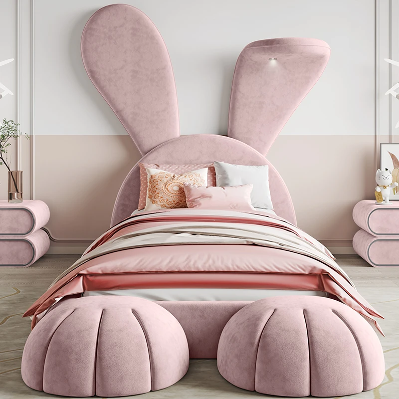 DEMEI/迪美尔兔子床轻奢现代儿童粉色公主床皮艺网红软包主卧大床