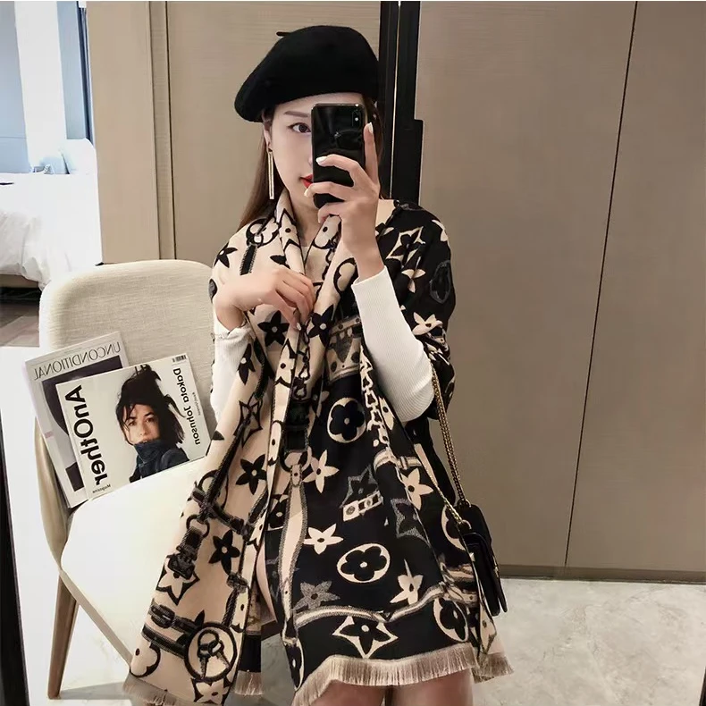 秋冬季网红时尚百搭加厚披肩经典围巾ol气质长款双面保暖印花围脖