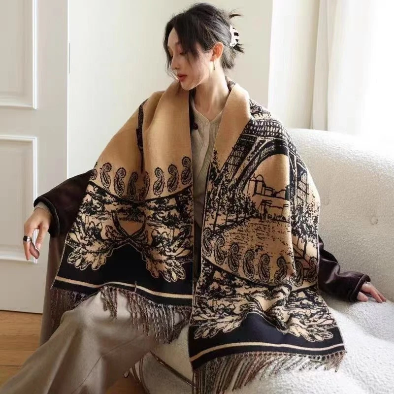 秋冬季经典时尚格纹战马羊绒围巾双面提花保暖加厚女围脖百搭围脖