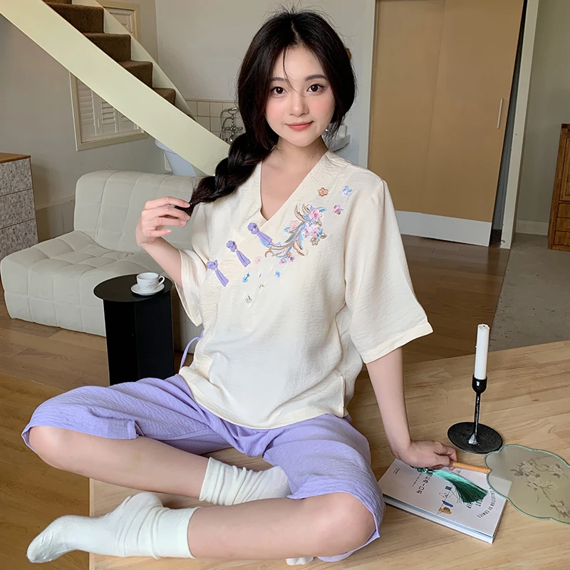 80-200斤加大码夏季复古中国风洋气甜美新中式睡衣女士套装家居服