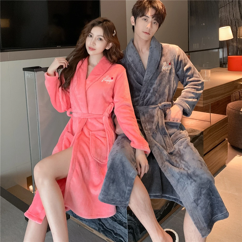 珊瑚绒睡衣春秋季长款睡袍冬季情侣男士女士法兰绒睡袍保暖家居服