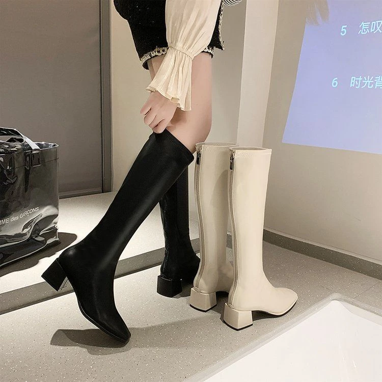 小个子白色长筒靴女不过膝2024春秋冬季高筒方头靴子粗跟高跟长靴