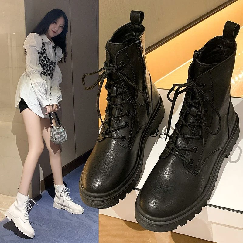 马丁靴女2024新款韩版百搭侧拉链软皮软底前系带短靴加绒舒适单靴