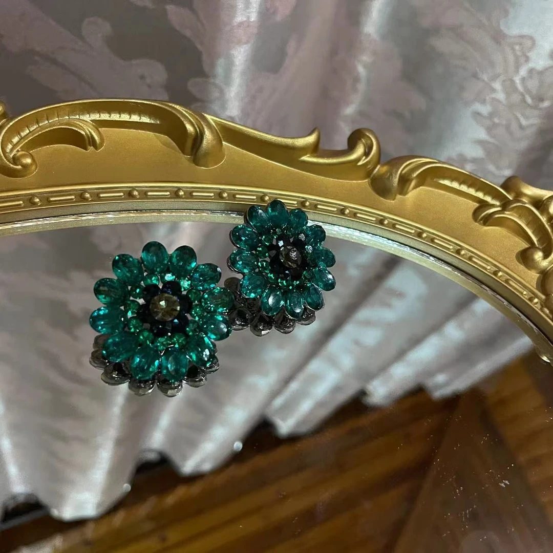 AOPOSS 镀K金 [费利菊]耳钉耳夹女款原创设计气质蓝绿色复古