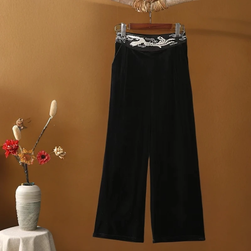 新中式国风腰间凤凰刺绣金丝绒高腰休闲直筒长裤2025原版正品