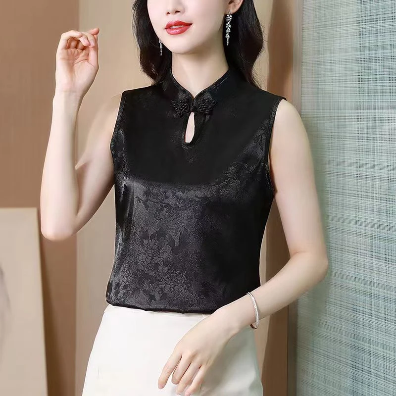 杭州中式国风妈妈装带杯垫免穿内衣女背心打底气质百搭“琥珀流光”