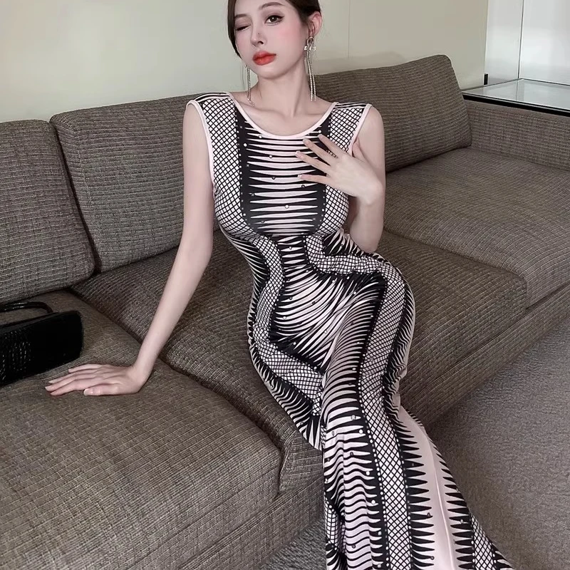 欧美风新款网红新款时尚花纹长裙礼服修身摆臀拖地露背连衣裙女潮