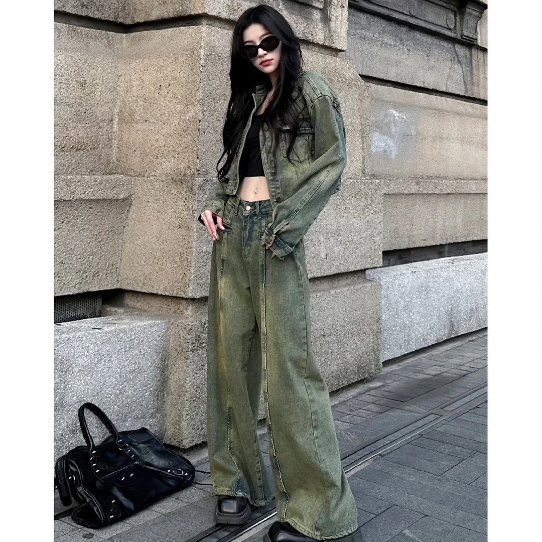 美式复古牛仔时尚套装女秋冬款甜酷宽松短外套+直筒阔腿裤两件套