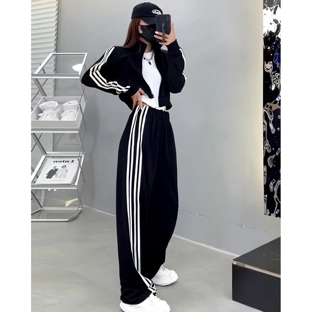 欧货洋气运动套装女秋冬新款小个子三条杠夹克卫衣+阔腿裤两件套
