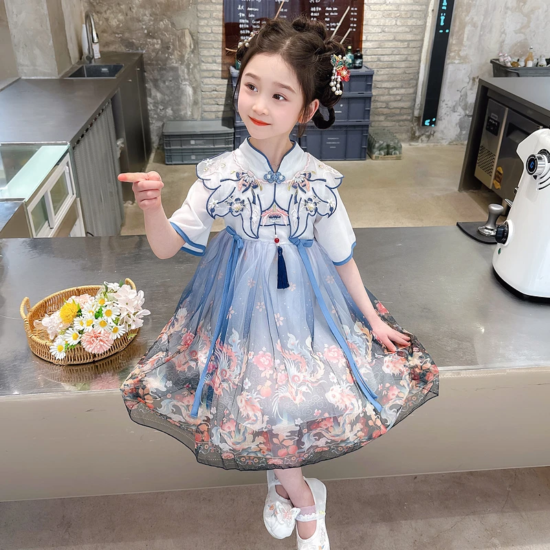 女童汉服夏装2024新款夏季小女孩古风云肩中国风连衣裙儿童裙子