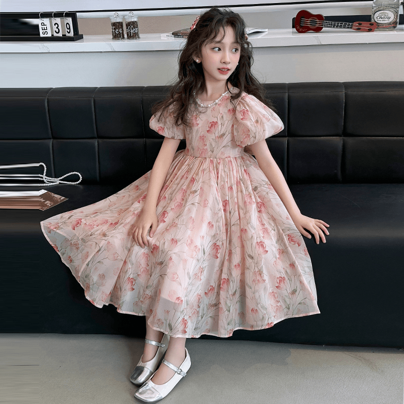 女童公主裙夏装2024网红新款女大童泡泡袖时髦洋气连衣裙儿童夏装
