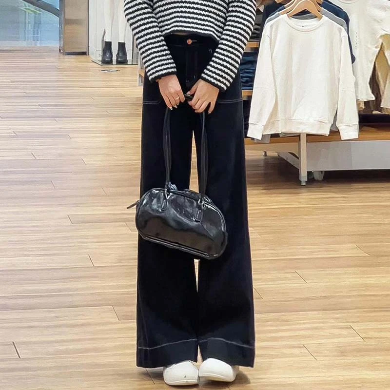 韩版微喇叭高腰牛仔裤女2024年秋季新款设计感复古宽松直筒阔腿裤