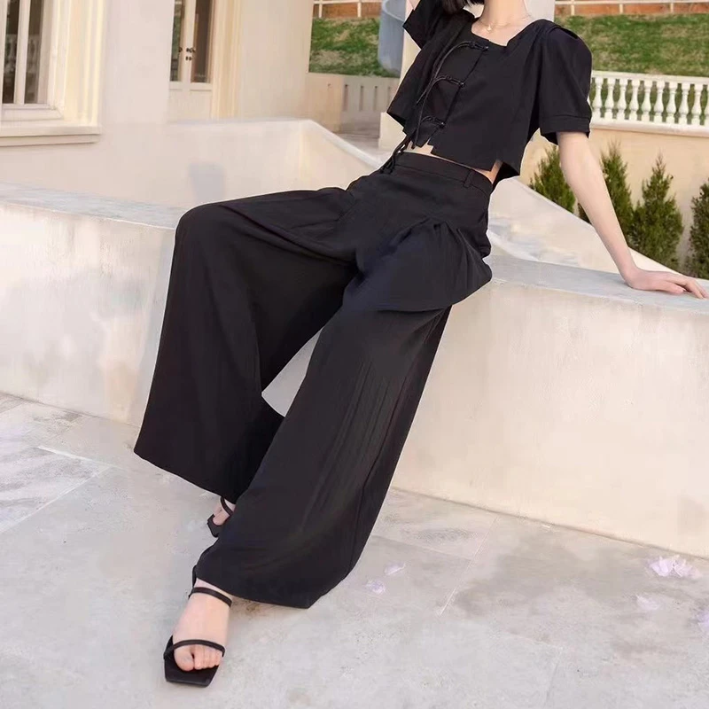 [亦歌逸]15622-夏季款极简黑色风琴收腰宽松百褶休闲裙裤女款