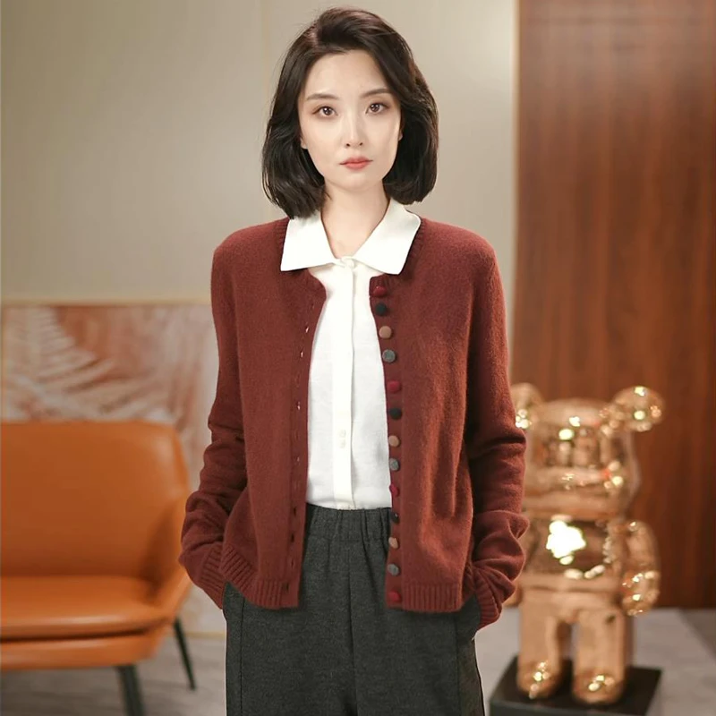 【彩扣 暴火】100纯羊毛开衫 气质针织衫24秋冬新品 BY-3691