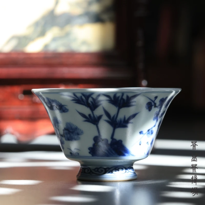 浣溪龙窑仿元松竹梅高足马蹄杯陶瓷主人杯手绘柴窑