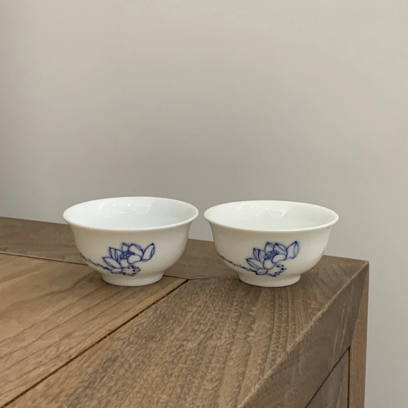 白玉唐莲花撇口对杯手工陶瓷主人杯手绘花纹