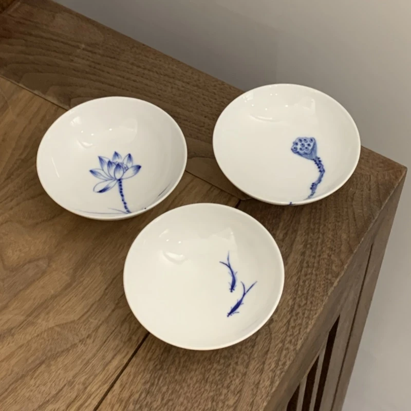 白玉唐莲花.莲藕.双鱼（三杯套组）普洱杯手工陶瓷手绘手绘主人杯