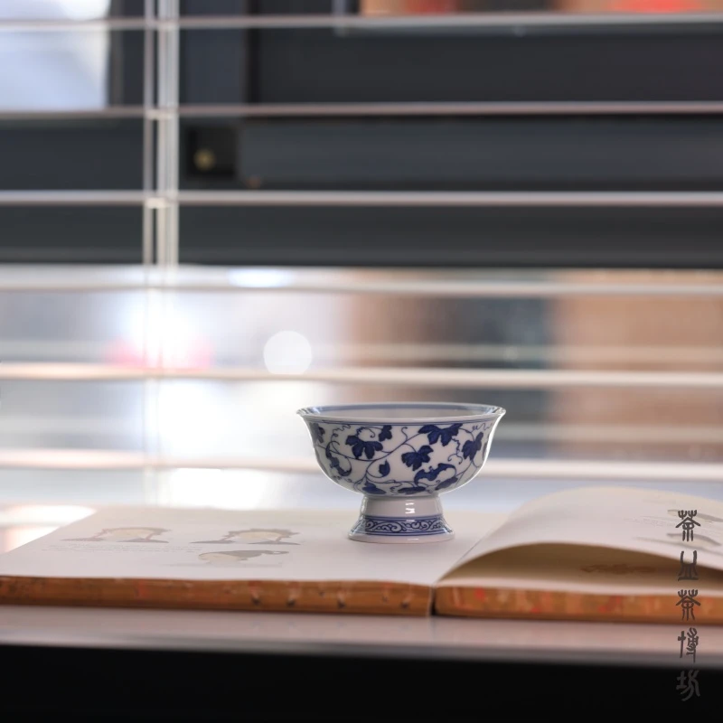 浣溪龙窑青花全手工福禄高足杯陶瓷主人杯手绘柴窑普洱杯纯手工